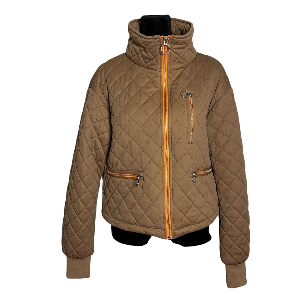 Avec Les Filles Quilted Cropped Mock High Neck Zip Front Jacket Orange Zip — S - Picture 3 of 14
